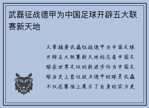 武磊征战德甲为中国足球开辟五大联赛新天地