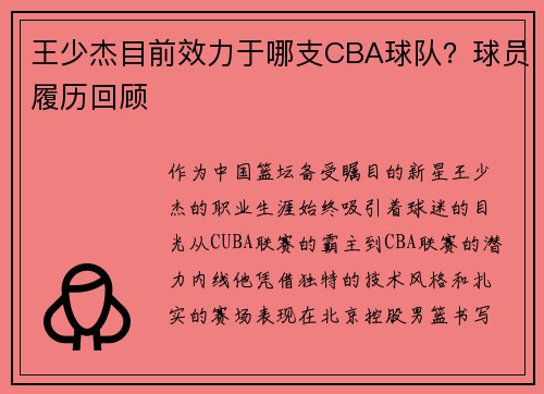 王少杰目前效力于哪支CBA球队？球员履历回顾