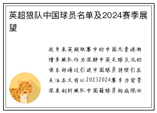 英超狼队中国球员名单及2024赛季展望